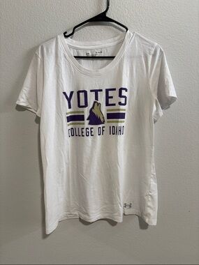 Under Armour White Yotes College of Idaho Graphic Tee with Purple & Gold Logo